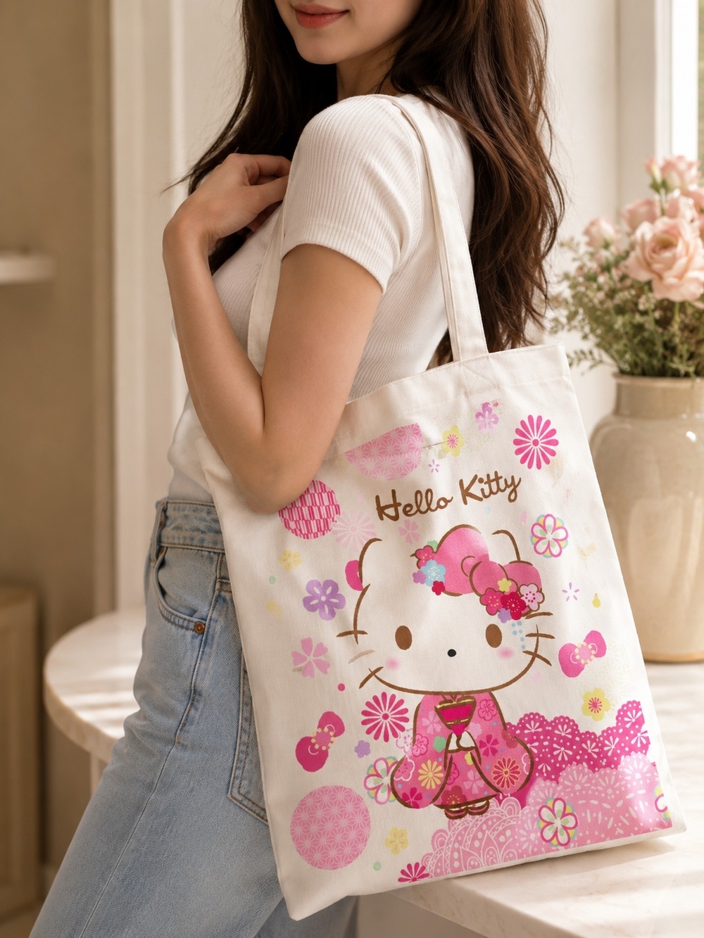 Hello Kitty Cream Canvas Tote with Pink Floral Design